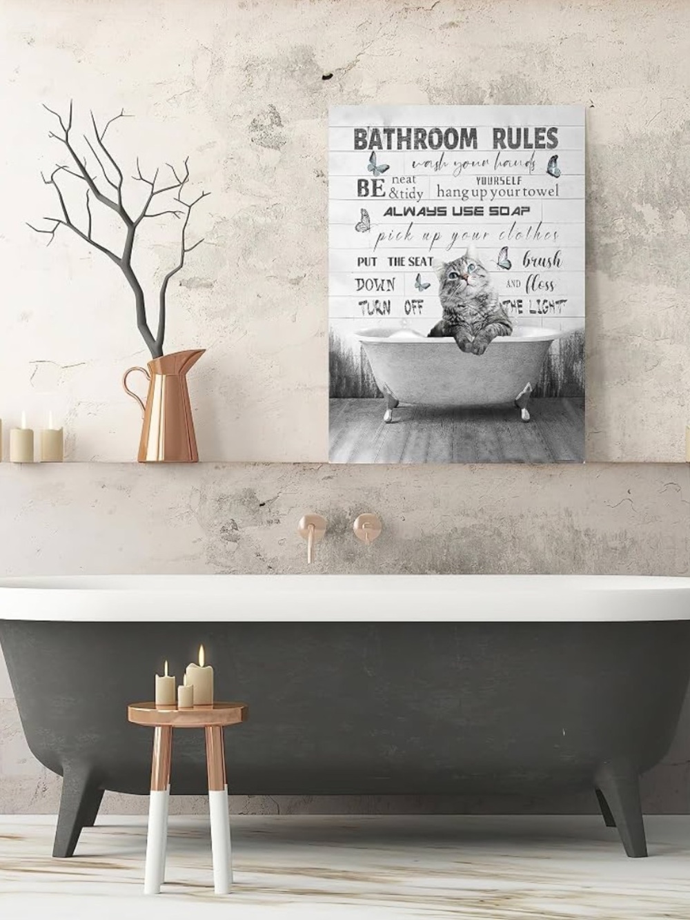 Bathroom Rules Cat Wall Art Sign - White & Gray 12x16